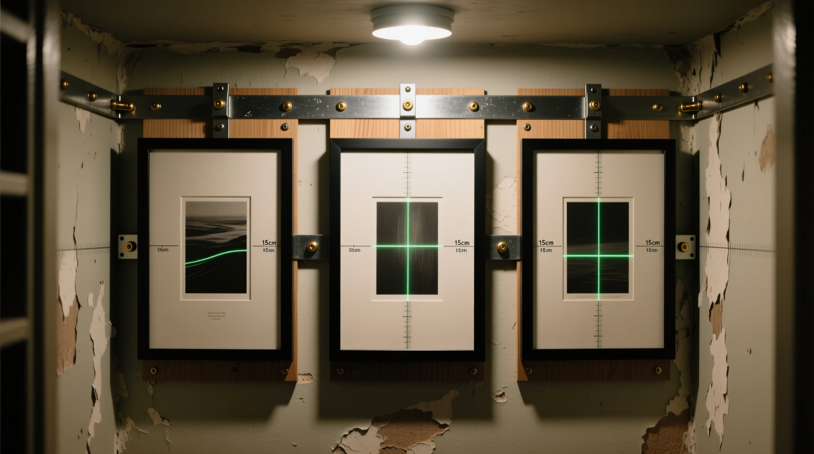 A minimalist, floor-to-ceiling vertical art rack installed inside a standard reach-in closet, holding six framed 16x20 prints upright with visible padded uprights, labeled slots, and archival Velcro mid-straps—no visible bending or gaps between frames