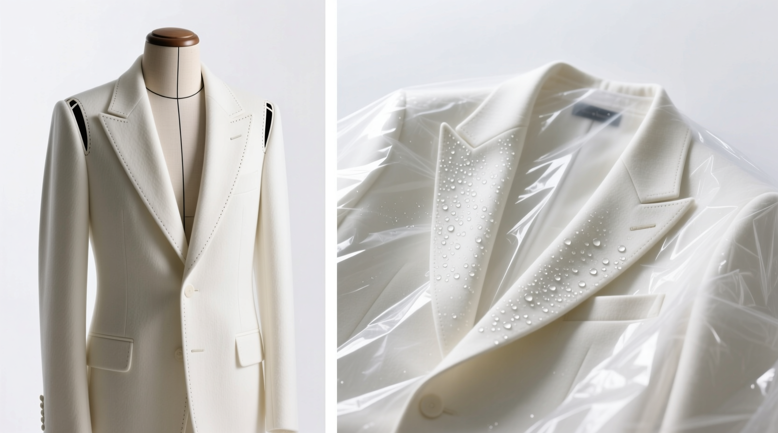 Side-by-side comparison: left shows a wool suit draped in a crisp, off-white cotton garment cover with visible shoulder ventilation slits; right shows the same suit under a translucent, slightly fogged clear plastic cover with visible condensation beads along the lapel