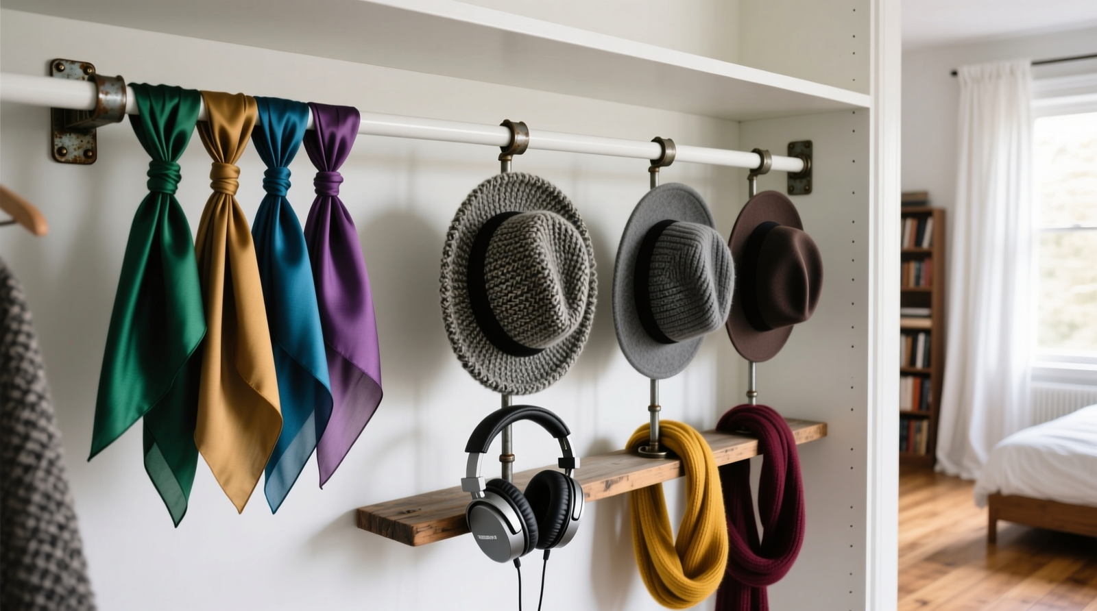 A matte-black gaming headset stand mounted on a white closet shelf, holding six silver stud earrings on its upright rod, two gold hoop earrings dangling from its ear-hook notch, and four polished brass cufflinks arranged symmetrically on its wide, non-slip base. Natural light highlights texture and clarity.