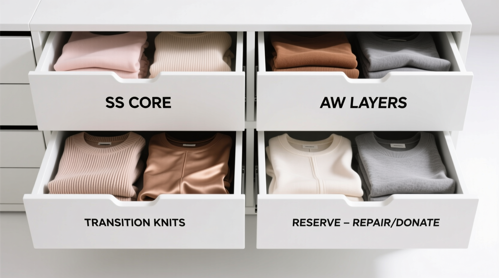 Top-down view of four identical white drawers, each containing labeled fabric bins: 'SS Core', 'AW Layers', 'Transition Knits', 'Reserve – Repair/Donate'. All bins hold neatly folded, color-coordinated garments with visible texture variation (ribbed knit, smooth jersey, brushed cotton).