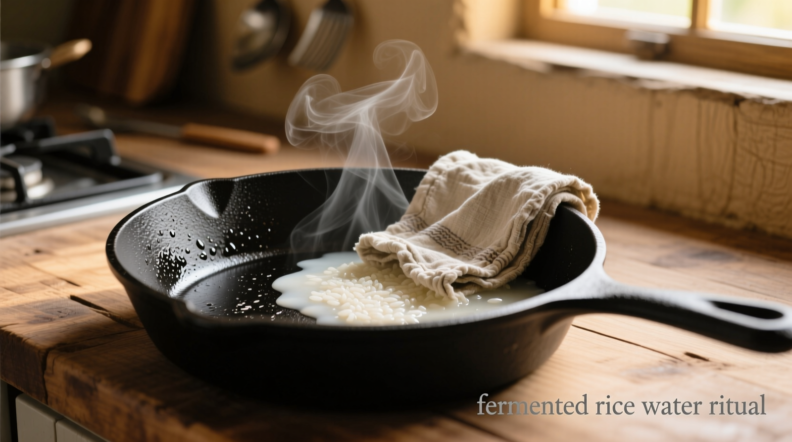 Close-up of a matte-black cast iron skillet being wiped with a folded cotton cloth after application of cloudy, off-white fermented rice water; steam rises faintly from the warm surface