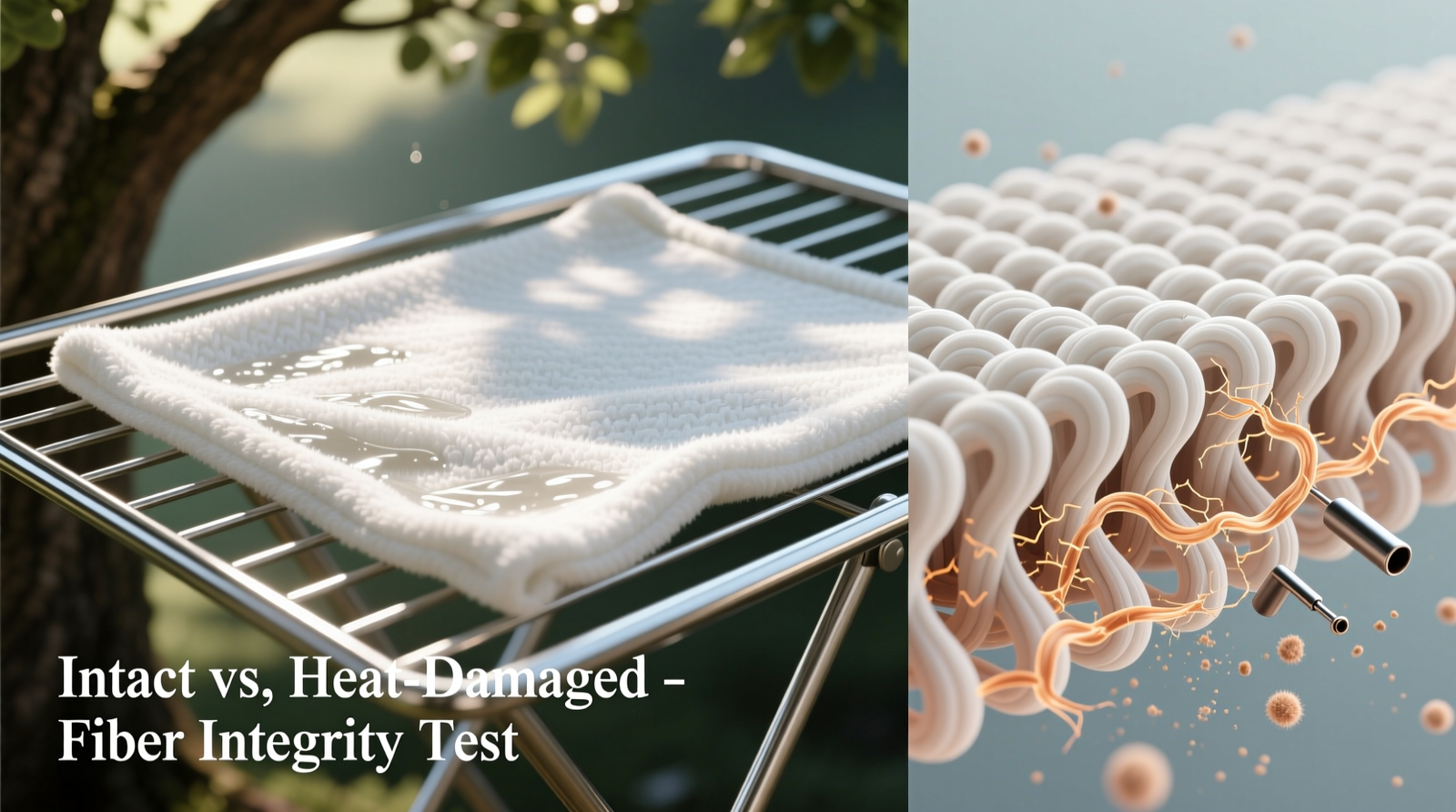 Side-by-side comparison: a freshly washed, air-dried microfleece carrier liner laid flat on a stainless steel drying rack in dappled shade, next to a magnified cross-section graphic showing intact fiber structure versus a heat-damaged, statically charged liner attracting visible dust particles