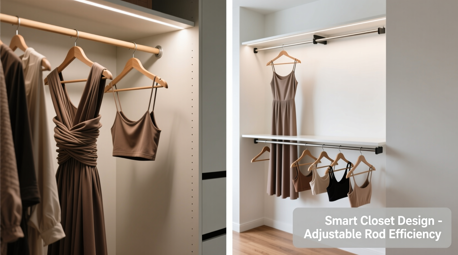 Side-by-side closet view: left shows fixed rod with maxi dress bunched and crop top dangling off hanger; right shows dual-position adjustable rod with maxi dress hanging cleanly at top tier and crop tops evenly spaced on lowered tier