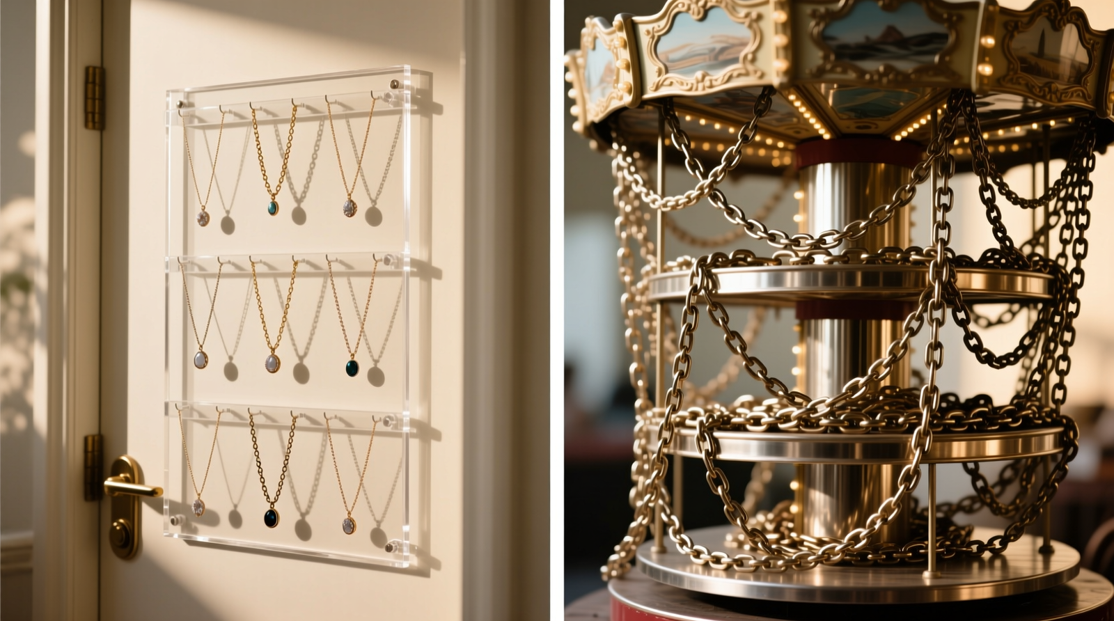 Side-by-side comparison showing a freestanding acrylic jewelry tower with labeled vertical dividers and individual necklace hooks versus a fabric hanging organizer with densely packed, overlapping chains on curved hooks