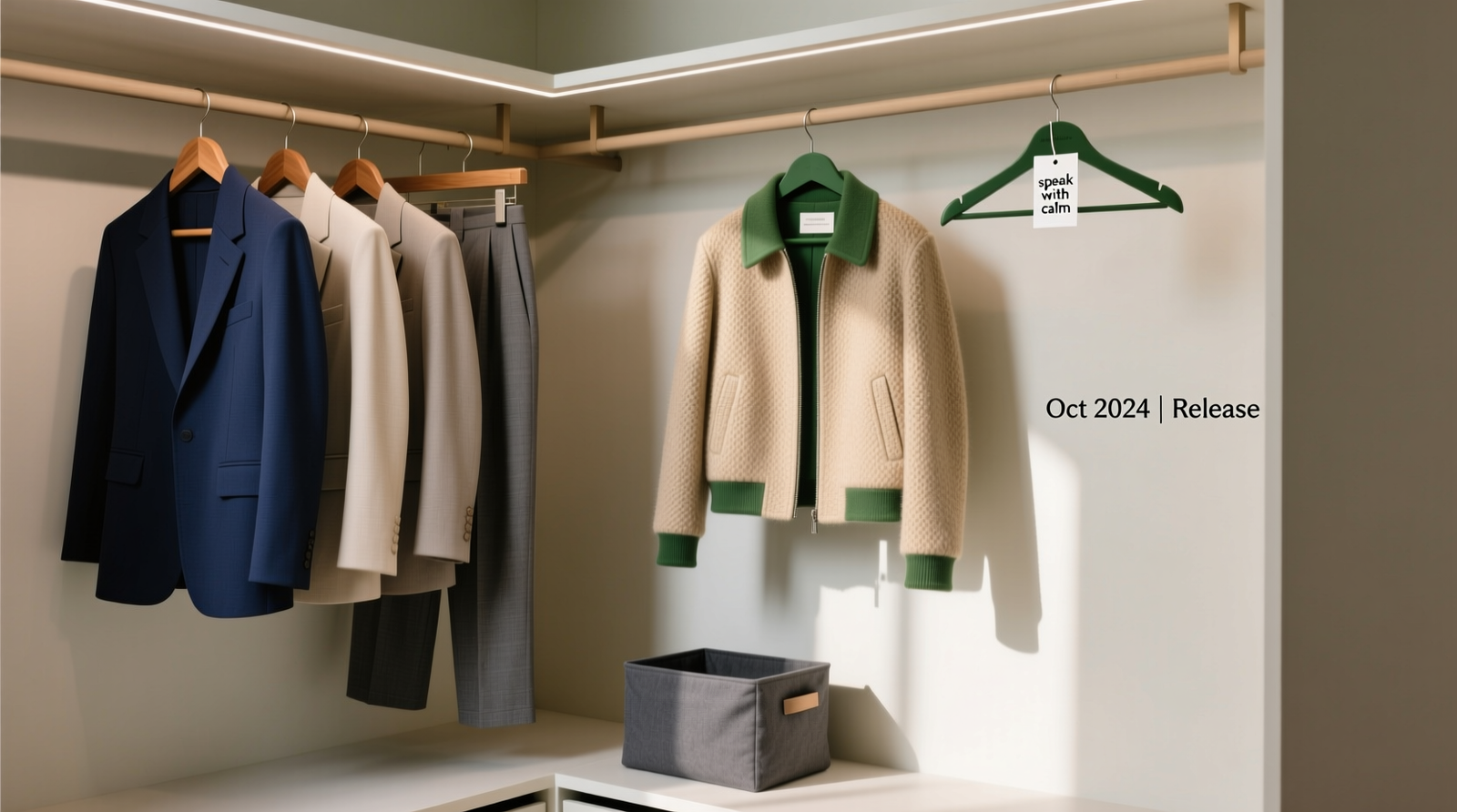 A minimalist closet section showing navy hangers at eye level holding structured neutral-toned clothing, sage hangers at waist height with one textured jacket and a small laminated tag reading 'speak with calm', and a discreet charcoal fabric bin labeled 'Oct 2024 | Release' near the floor