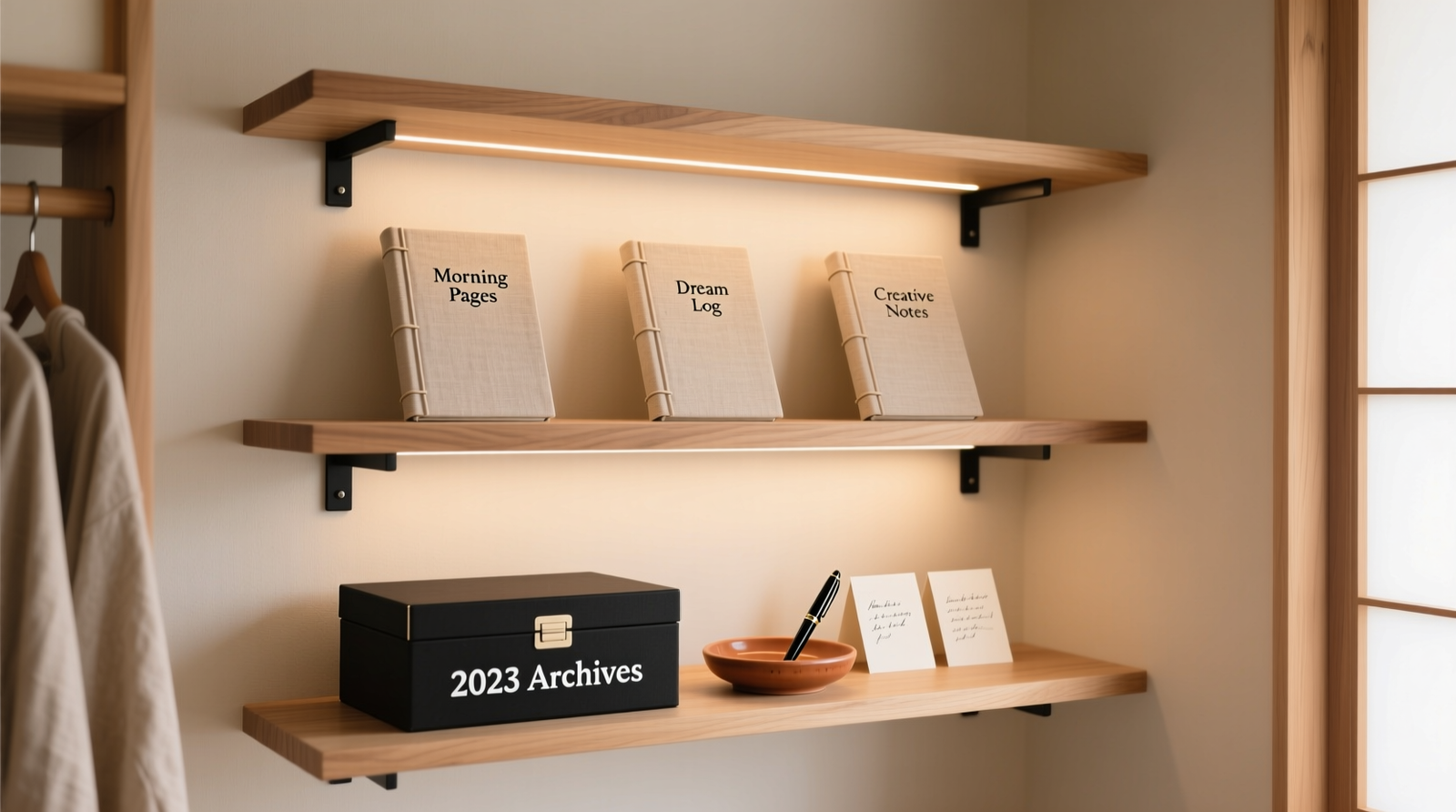 A minimalist closet nook with two floating oak shelves: top shelf holds three linen-bound journals spine-out, labeled and evenly spaced; bottom shelf displays a closed acid-free archival box labeled '2023 Archives' and a small ceramic tray with pen and intention cards. Warm LED strip lighting casts soft glow on spines.