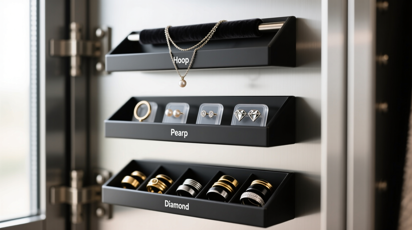 Close-up of a steel closet door interior with three matte-black magnetic trays arranged vertically: top tray holds delicate necklaces on padded bars, middle tray displays stud earrings in labeled silicone slots, bottom tray organizes stacking rings in graduated grooves. Natural light highlights clean lines and zero clutter.