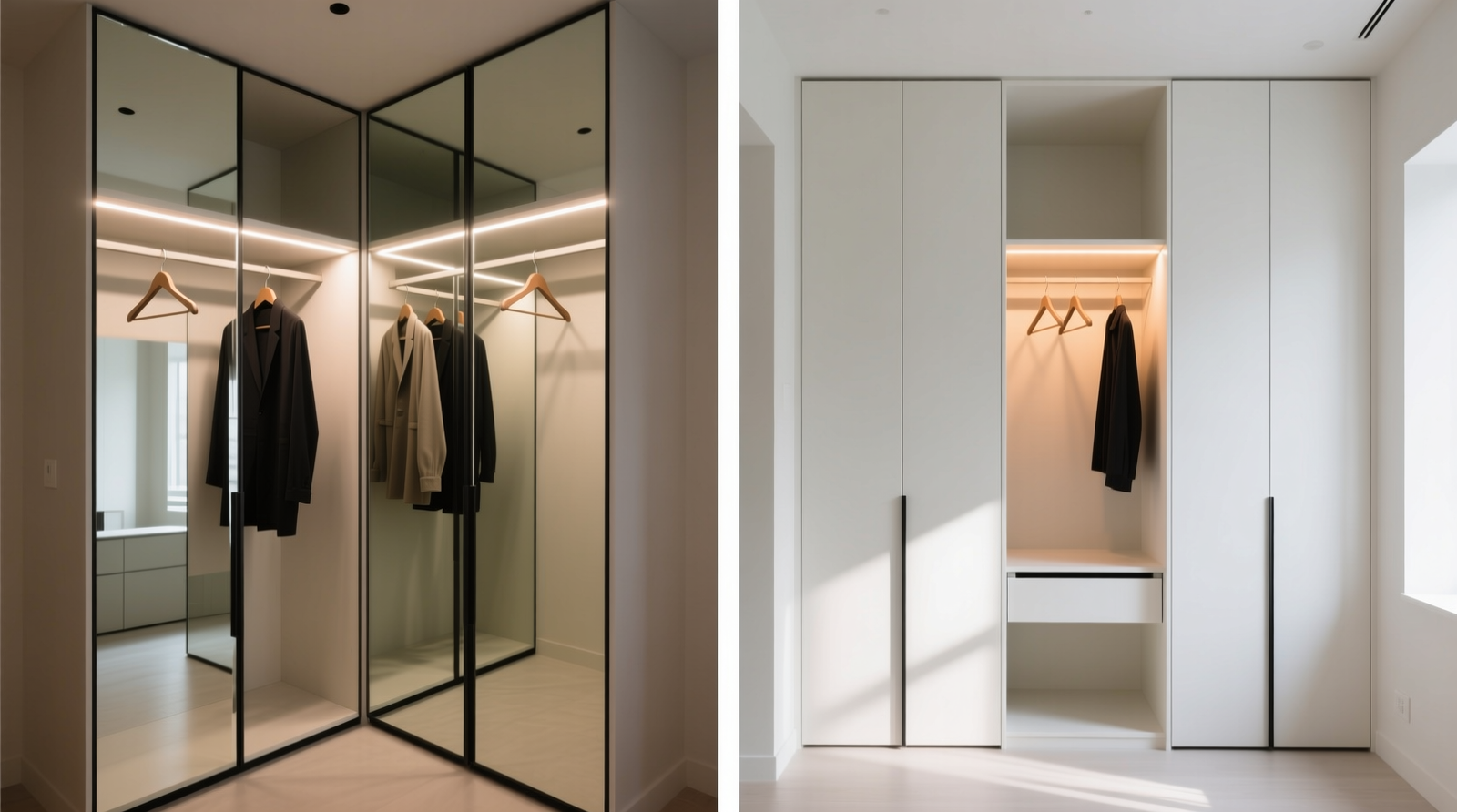 Side-by-side comparison: left shows a small closet with mirrored doors, minimal visible items, soft LED lighting, and uniform hangers; right shows same closet with plain doors, identical organization, and warm ambient light—both feel equally open and intentional
