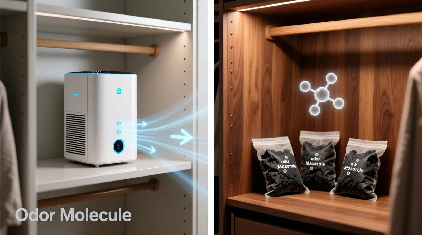 Side-by-side visual: left shows a compact white air purifier mounted on a closet shelf with gentle airflow arrows; right shows three charcoal bags tucked into corners of a cedar-lined closet, with faint 'odor molecule' icons drifting slowly toward them