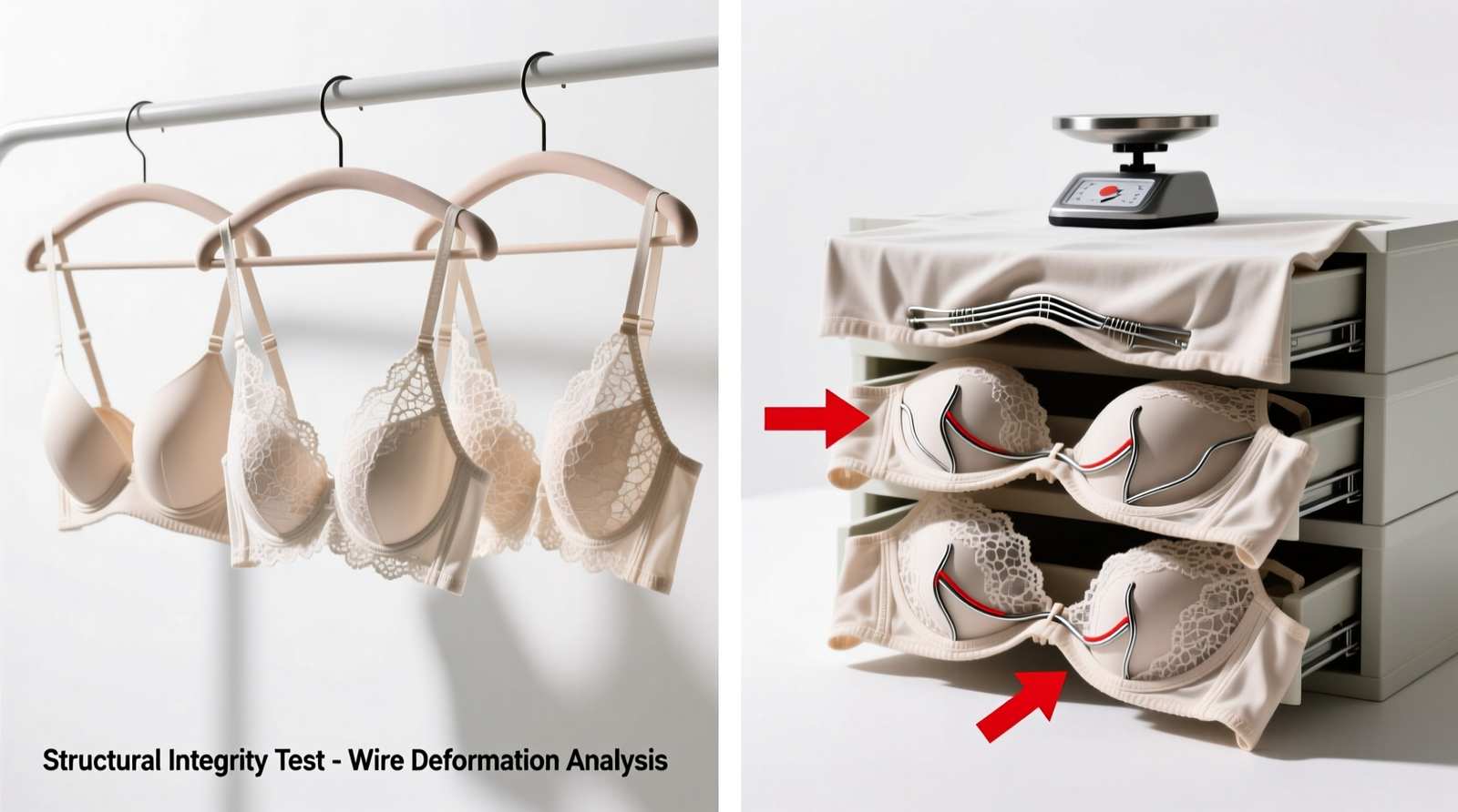 Side-by-side comparison: three lace bras correctly suspended on padded ring hangers versus three identical bras crushed under stacked drawer weight, with visible wire deformation marked by red arrows