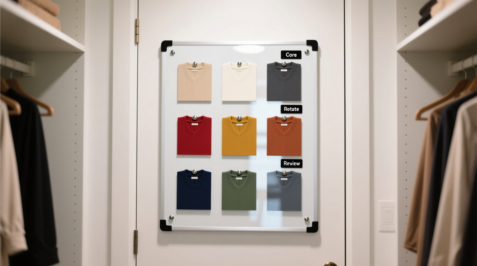 A full-height closet interior showing a white magnetic board mounted on the door, covered with neatly arranged 2×3-inch garment thumbnails in color-blocked rows—top row: neutrals; middle: warm tones; bottom: cool tones—with small magnetic labels reading 'Core', 'Rotate', and 'Review'