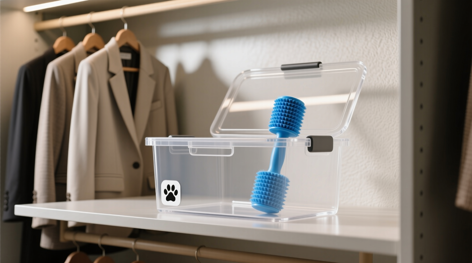 A shallow, clear acrylic bin with a magnetic lid sits centered on a closet's lower shelf, positioned just behind a row of neatly hung blazers. A single blue pet hair roller stands upright inside, visible through the transparent lid. A minimalist pet-paw icon label is affixed to the bin's front face.