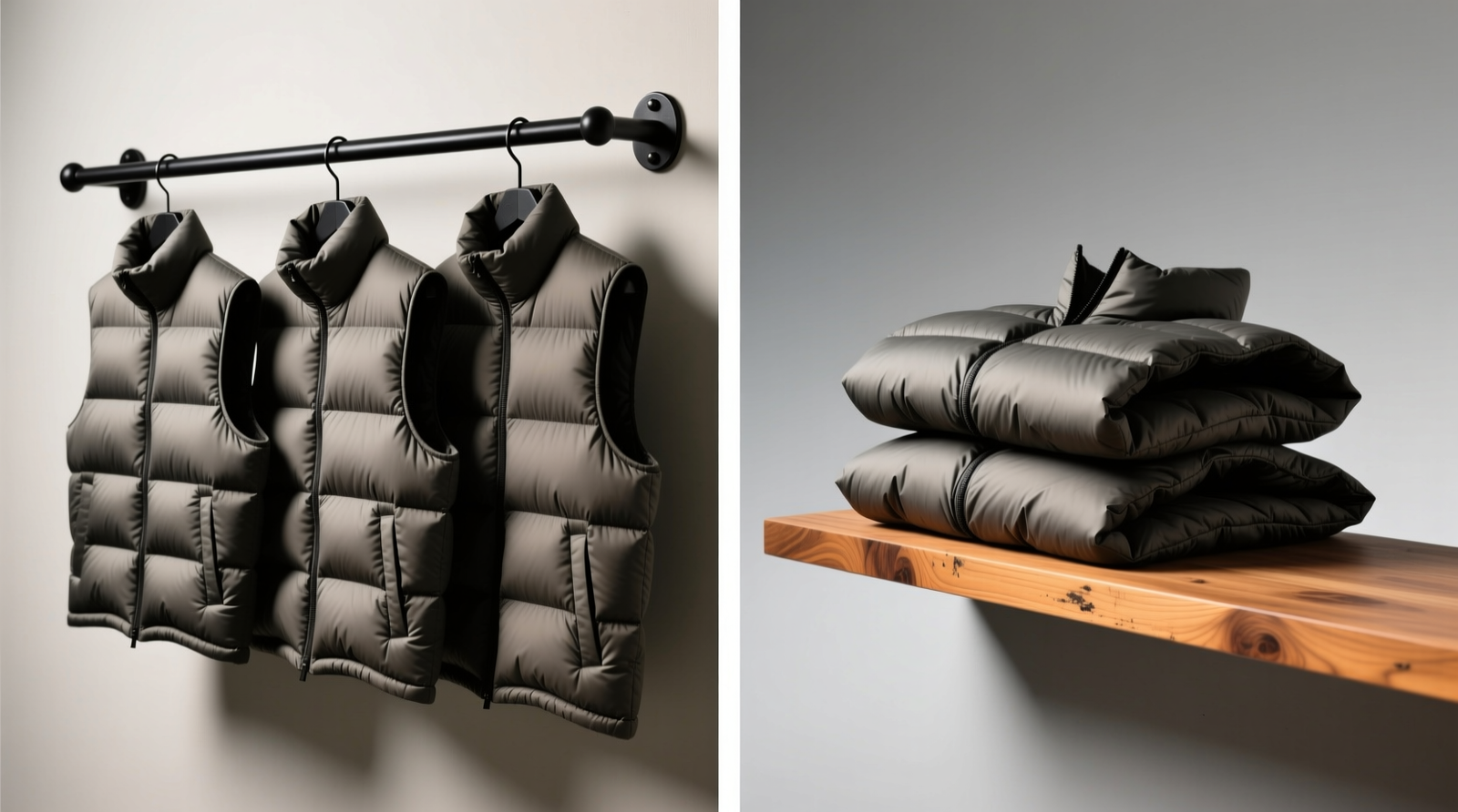 Side-by-side comparison showing three puffer vests vertically hung on a matte-black steel peg rail versus two identical vests precariously stacked on a narrow oak floating shelf with visible bowing