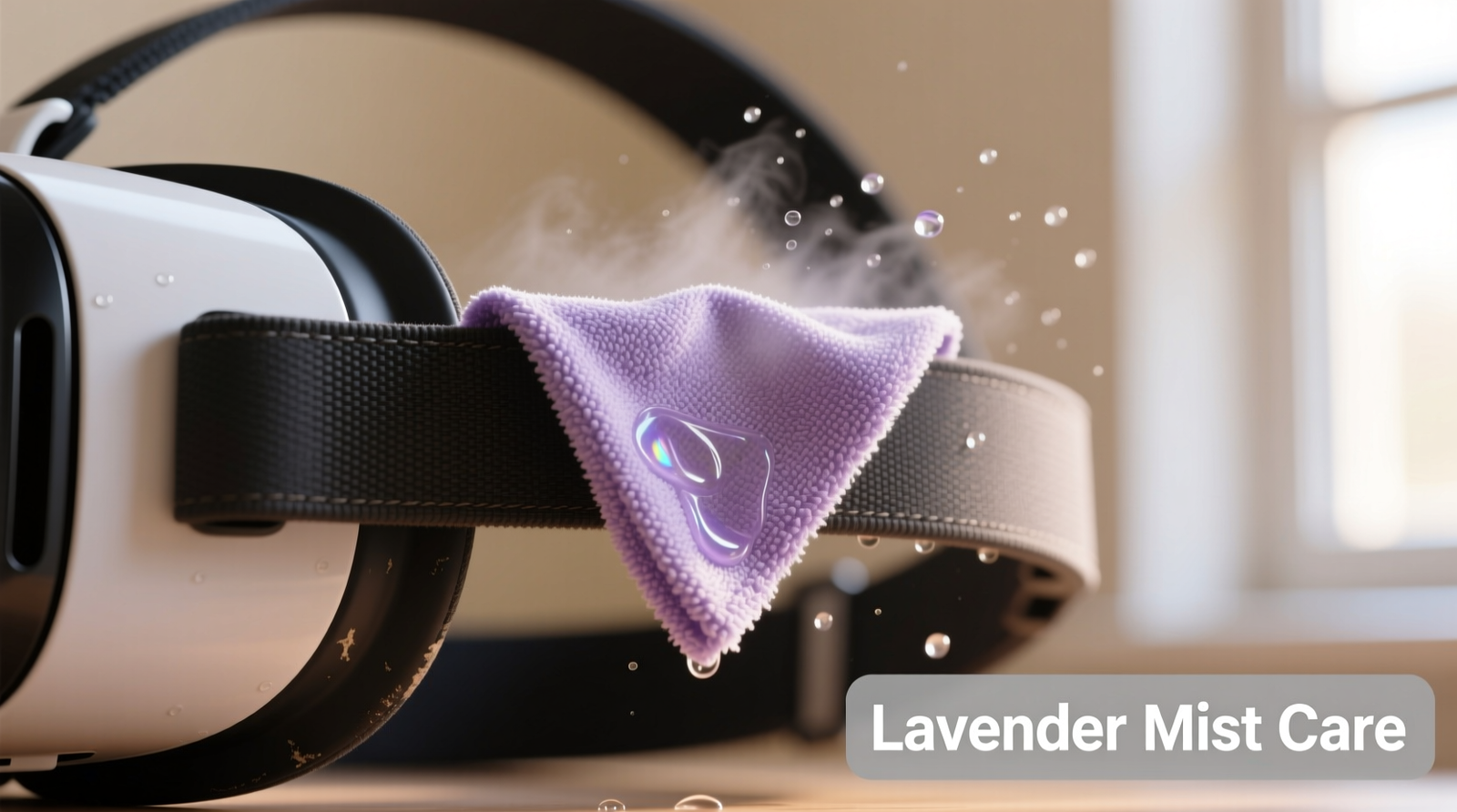 Close-up of a microfiber cloth lightly dampened with clear, viscous liquid being gently wiped along the curved, textured surface of a black VR headset strap—no pooling, no sheen, no visible stretching
