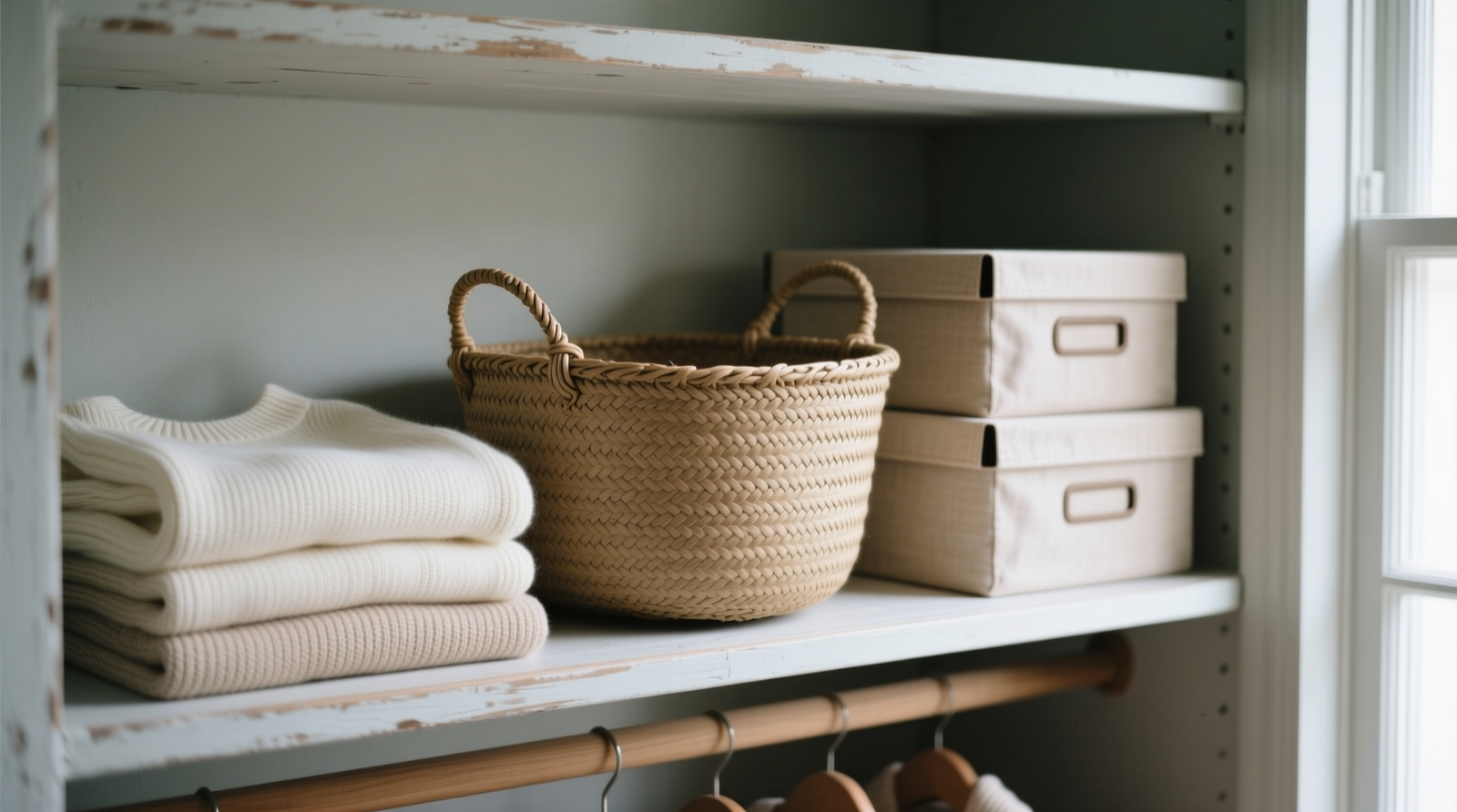 A neutral-toned woven basket placed on a high closet shelf, nestled between folded cashmere sweaters and a stack of matching linen boxes; no handles, cords, or branding visible