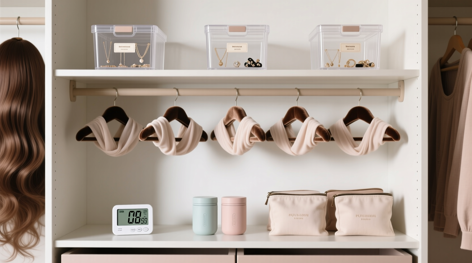 Three-tier closet setup: top shelf holds ventilated acrylic bins for accessories; middle tier shows wigs on padded, rotating hangers with microfiber wraps visible; bottom shelf displays hygrometer and reusable silica gel canisters beside labeled fabric pouches