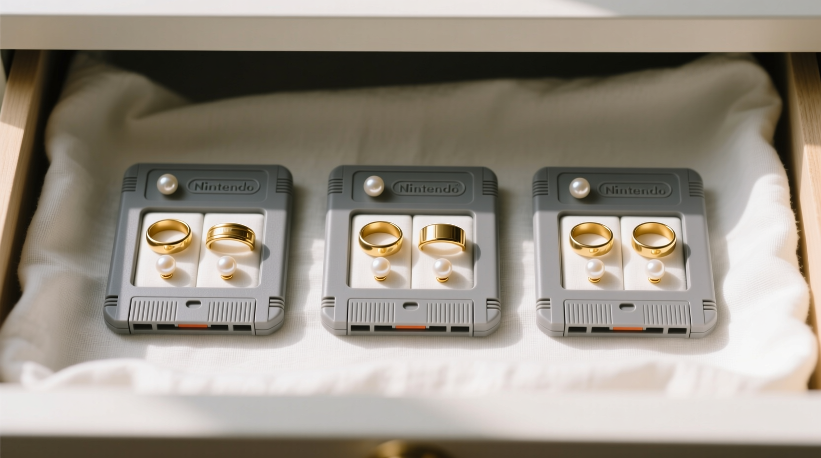 Top-down photo of three repurposed gray Nintendo cartridge cases arranged side-by-side on a white linen drawer liner, each holding four polished gold rings and two pearl studs in precise alignment; soft natural light, no shadows, shallow depth of field