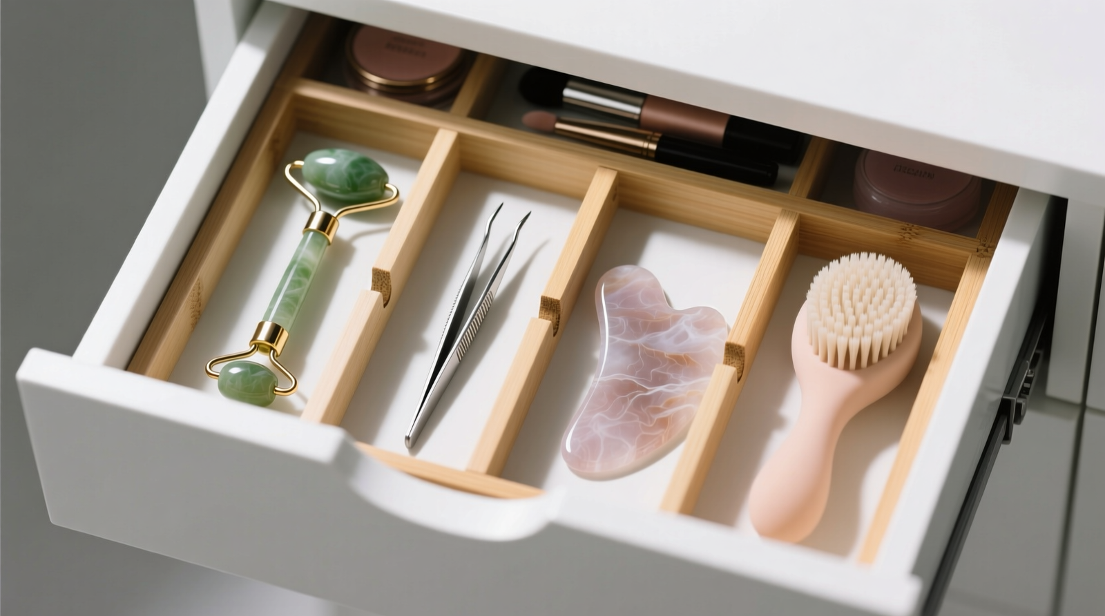 Top-down view of a shallow white drawer with bamboo adjustable dividers holding a jade roller, stainless steel tweezers, a rose quartz gua sha, and a silicone facial brush—all clearly visible, spaced evenly, with no overlapping or crowding