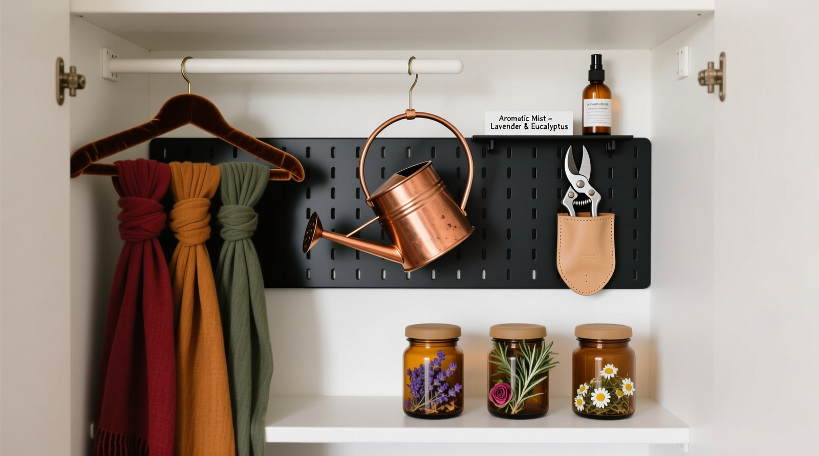 A narrow closet interior showing a matte-black pegboard mounted on the back of the door, holding two galvanized watering cans hung by handles, stainless steel pruning shears suspended vertically by their D-rings, and two labeled silicone-lined bins below containing gardening gloves and neem oil spray bottles—all cleanly separated from ivory silk blouses hanging on wooden hangers to the left.