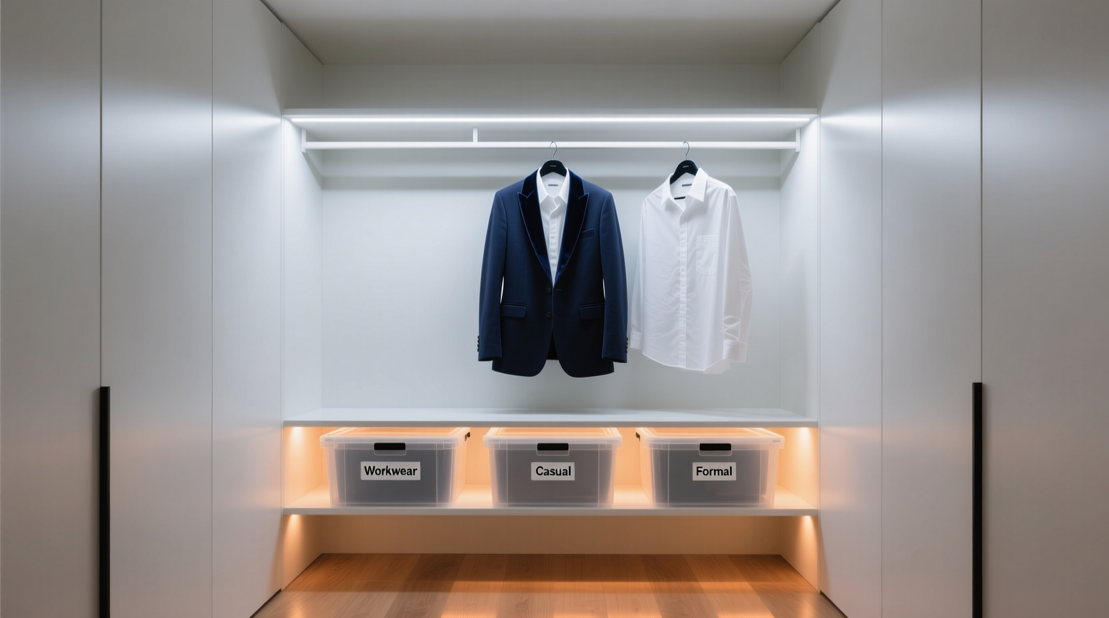 A minimalist walk-in closet with LED strips mounted along the top rail emitting cool white light, a single pre-hung navy blazer and white shirt centered at eye level, and labeled opaque bins below lit by warm ambient light