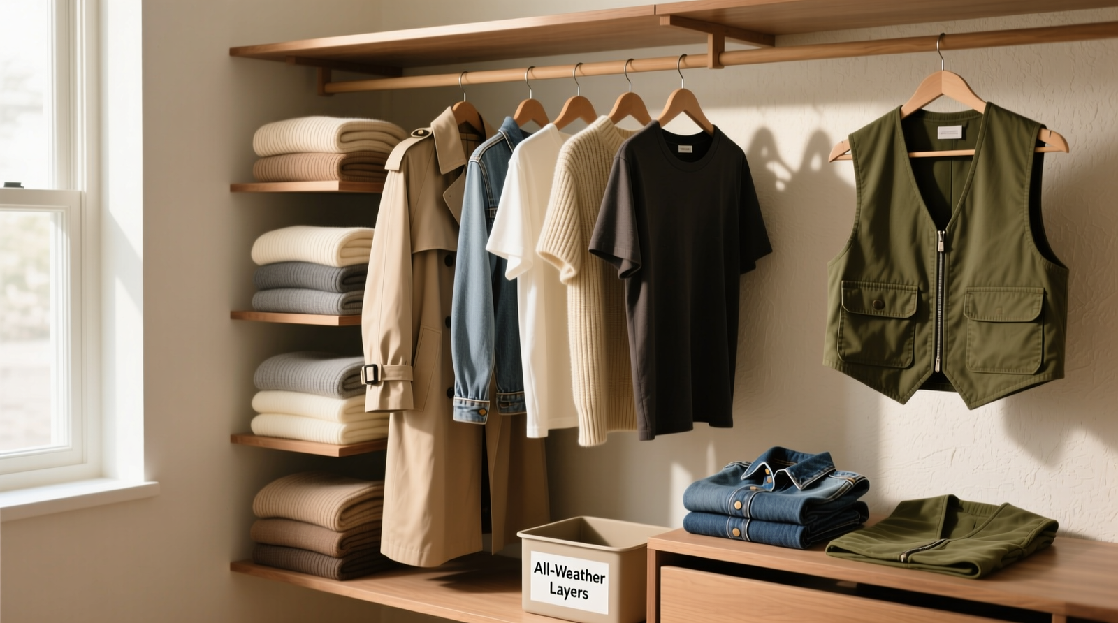 A well-organized closet showing vertical folding of knit sweaters in neutral tones, hanging tops grouped by category and subtly graded by hue, and a small labeled bin for 'All-Weather Layers' containing a lightweight trench, denim jacket, and olive utility vest