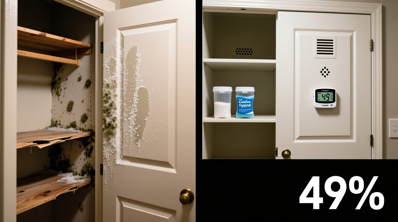 Side-by-side comparison: left shows a standard closet with visible moisture condensation on interior door panel and warped wood shelf; right shows same closet after installing hygrometer, silica gel canisters, and ventilation grommets—dry surfaces, labeled RH reading of 49%