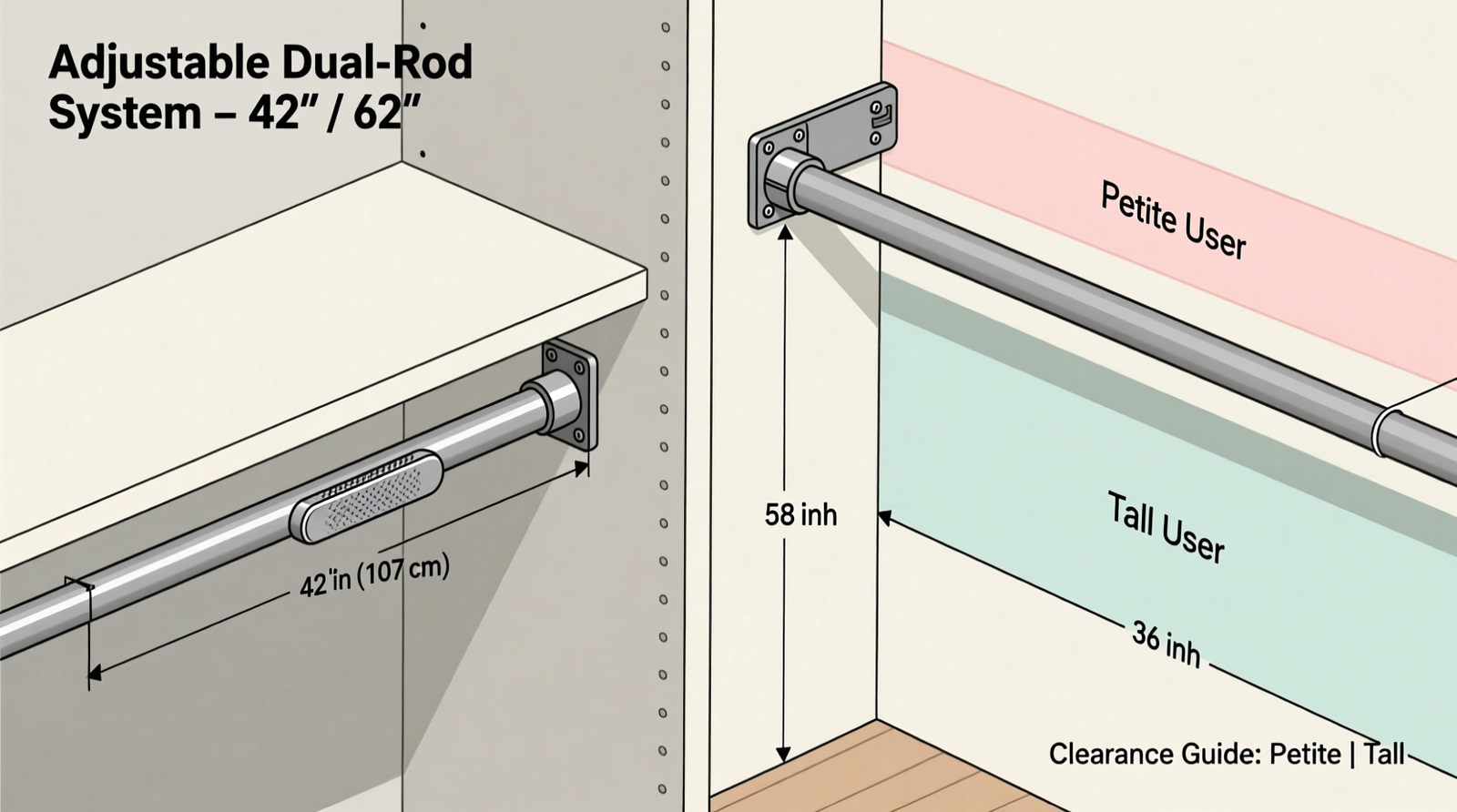 Side-by-side closet diagram showing adjustable dual-rod system: lower rod at 42 inches with easy-grip lever, upper rod at 62 inches with reinforced bracket mounted into wall stud, and labeled clearance zones for petite (no reaching above shoulder) and tall (no garment pooling on floor) users