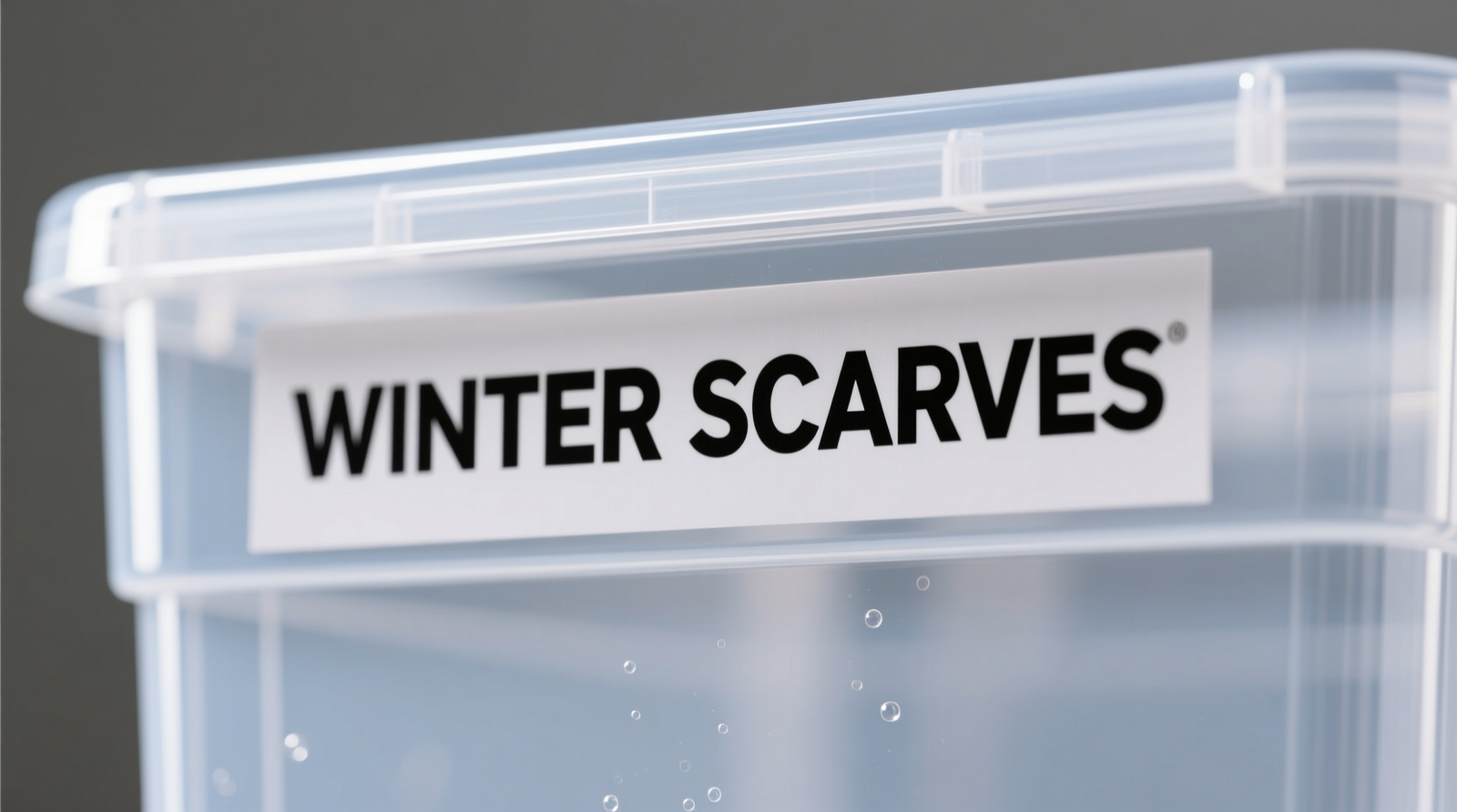Close-up of a clear PETG storage bin with crisp, horizontally oriented polyester label showing 'WINTER SCARVES' in bold black sans-serif font; no curling, no haze, edges fully adhered to smooth plastic surface