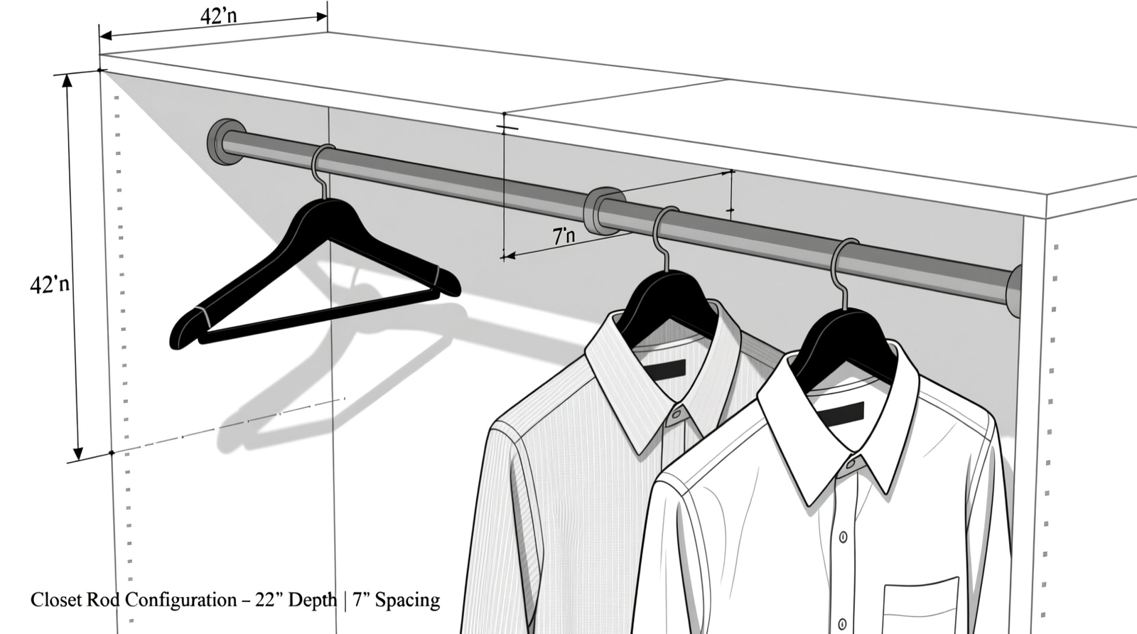 Side-view diagram showing two parallel closet rods in a 22-inch-deep closet: rear rod mounted at 42 inches, forward rod mounted 7 inches ahead at same height, both supporting slim velvet hangers with folded dress shirts