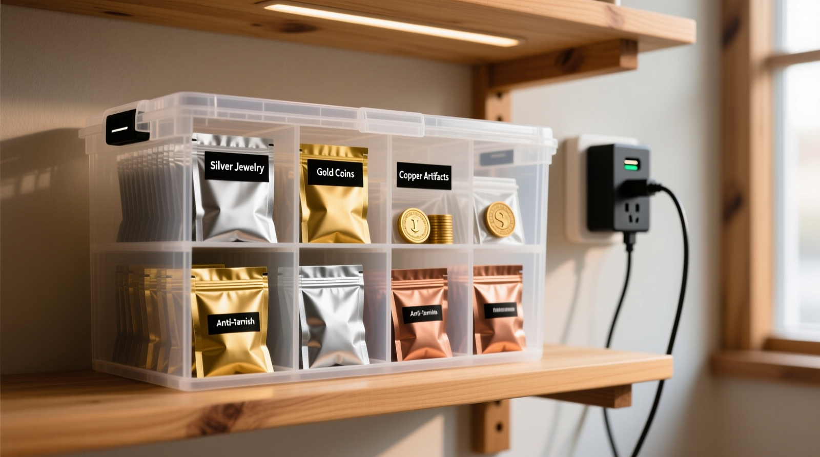 A neatly organized polypropylene storage box containing labeled anti-tarnish pouches, positioned on a natural wood shelf away from a wall-mounted USB-C charging station and power strip