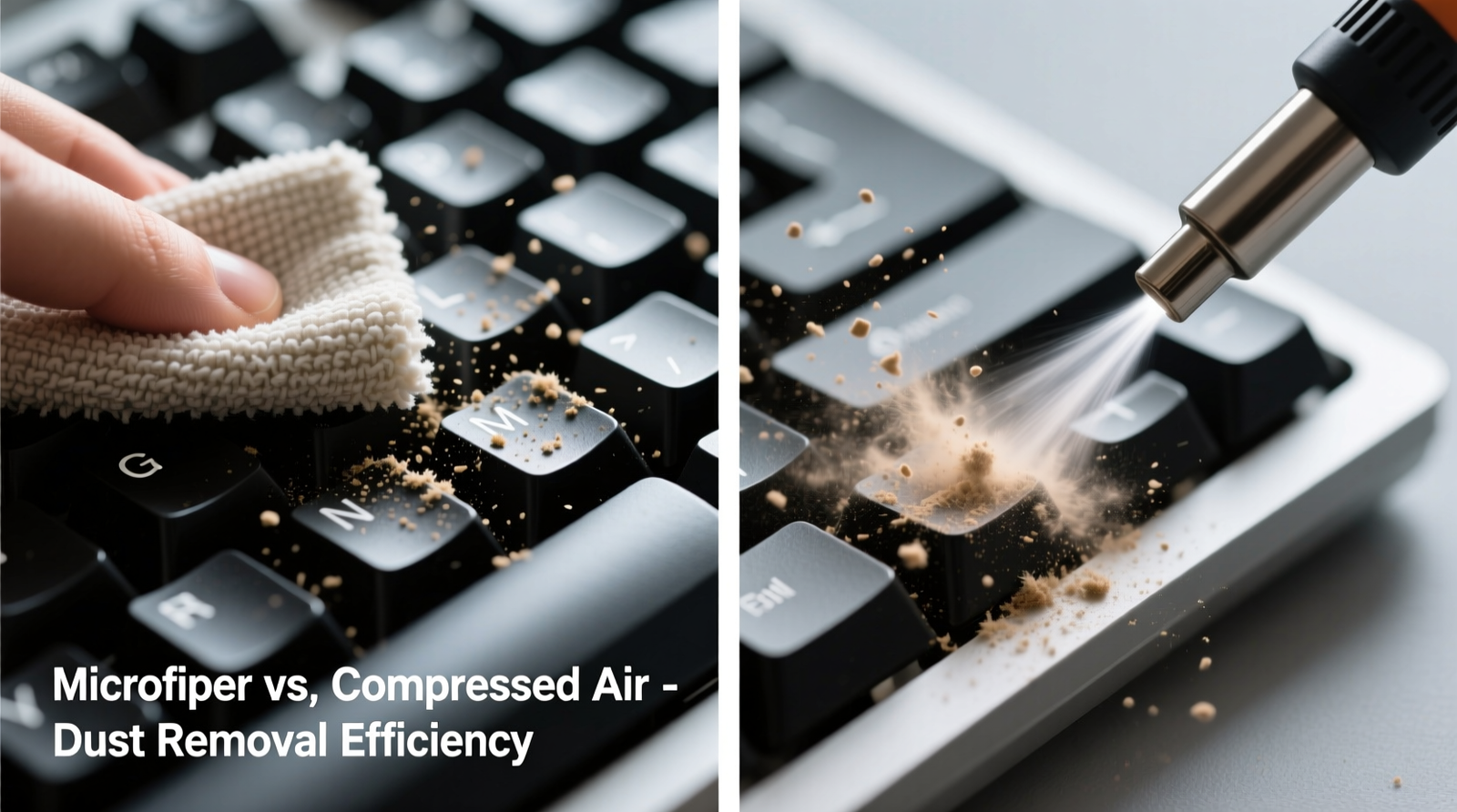 Side-by-side comparison: left shows microfiber cloth wiping a mechanical keyboard with visible dust lift; right shows compressed air nozzle angled downward, with dust visibly dispersing toward switch gaps under keycaps