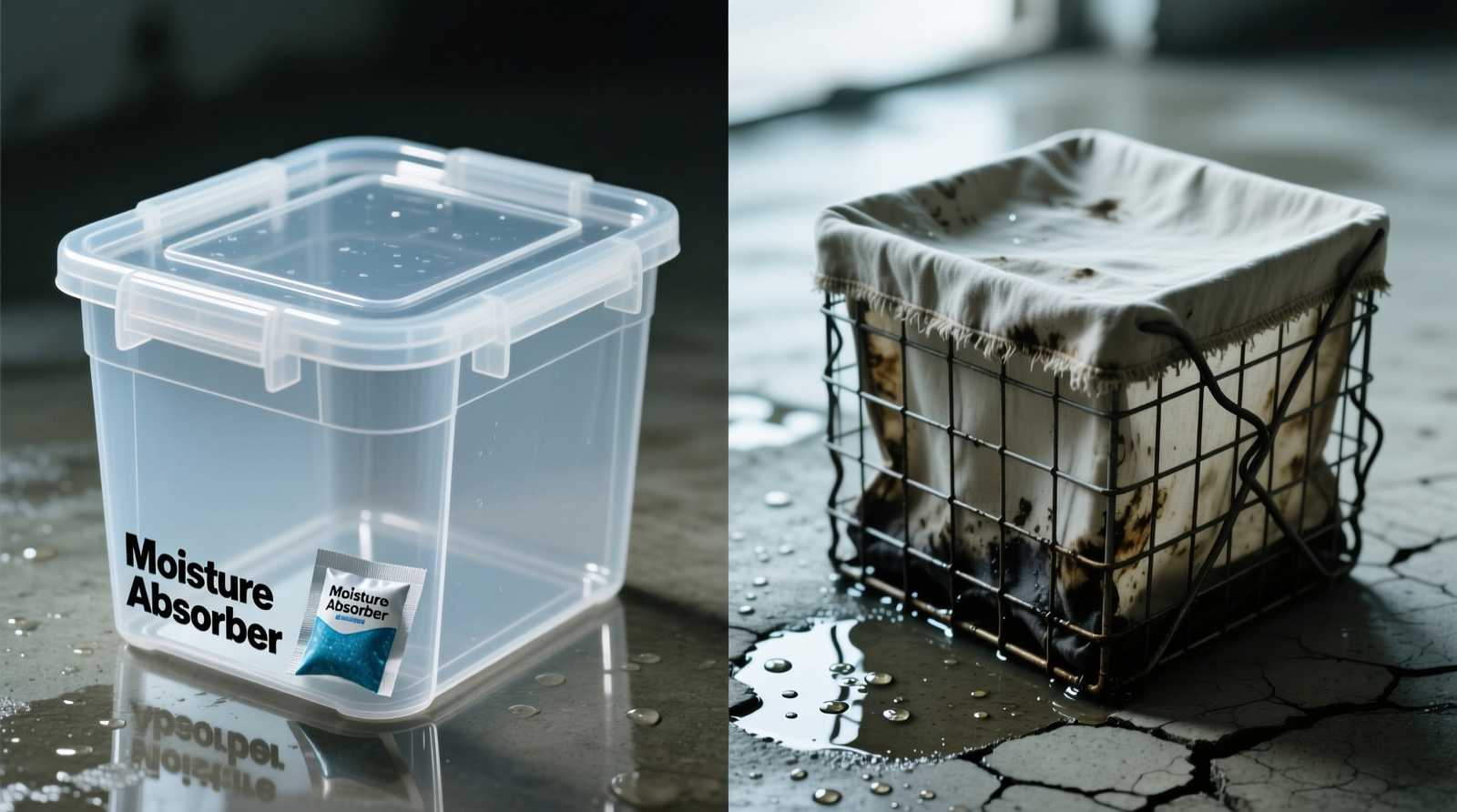 Side-by-side comparison: left shows clear plastic bin with tight-fitting lid and visible silica gel pack inside; right shows fabric cube with visibly dampened base fabric and warped wire frame, placed on damp concrete floor