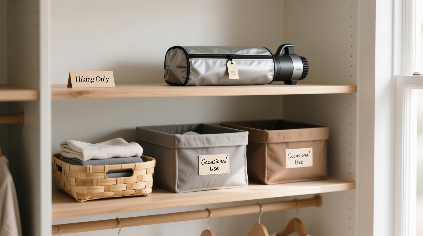 A minimalist closet section showing three clearly defined vertical zones: front row of folded black leggings and gray tanks within easy reach; middle row of navy shorts and charcoal sweatshirts slightly recessed; back row of seasonal items (a lightweight windbreaker, thermal tights) on higher shelf in neutral fabric bins