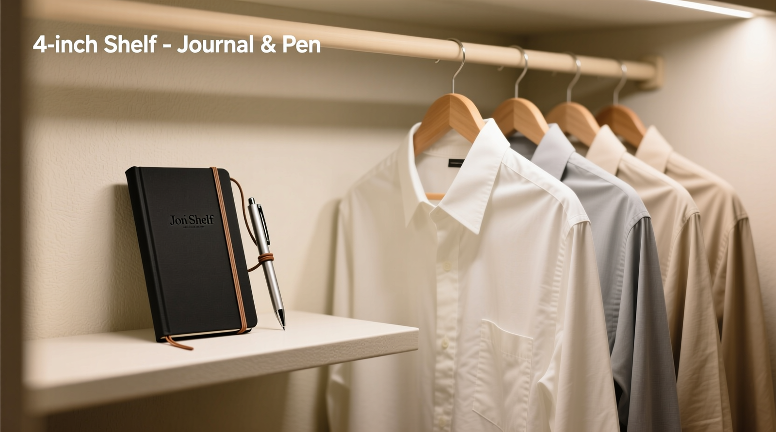 A minimalist closet interior showing a narrow, labeled 4-inch shelf segment at eye level, holding a compact upright journal and a single tethered pen beside a row of neatly hung shirts