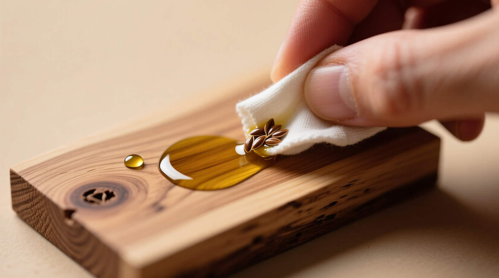 Close-up of a hand applying raw flaxseed oil to a sanded basswood diorama base with a folded cotton cloth, showing even saturation and no pooling