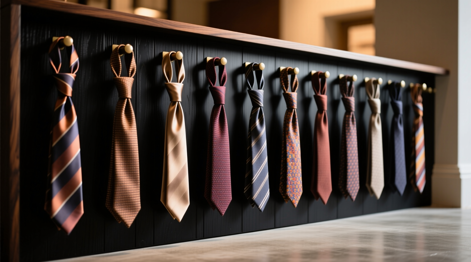 Close-up of twelve silk and wool ties evenly spaced on a matte-black walnut wall-mounted bar, each hung vertically with knots facing upward and tips aligned 2 inches above the floor