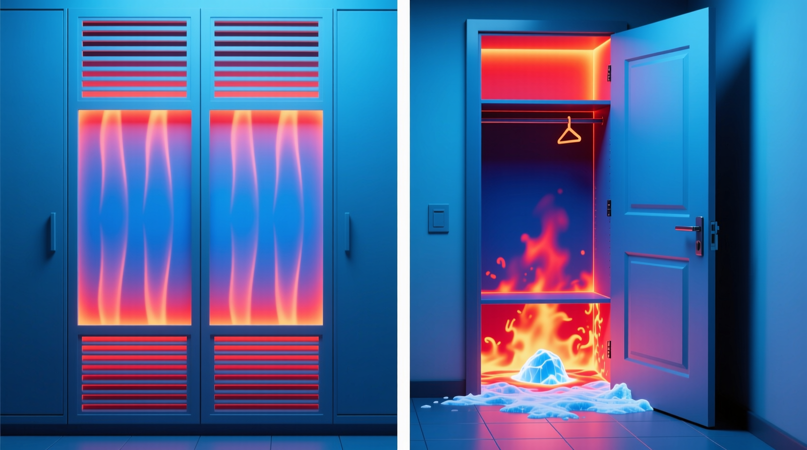 Side-by-side infrared thermography images showing temperature gradients: left panel shows uniform cooling with upper/lower grilles; right panel shows cold spot accumulation at base of closet with only door-gap airflow