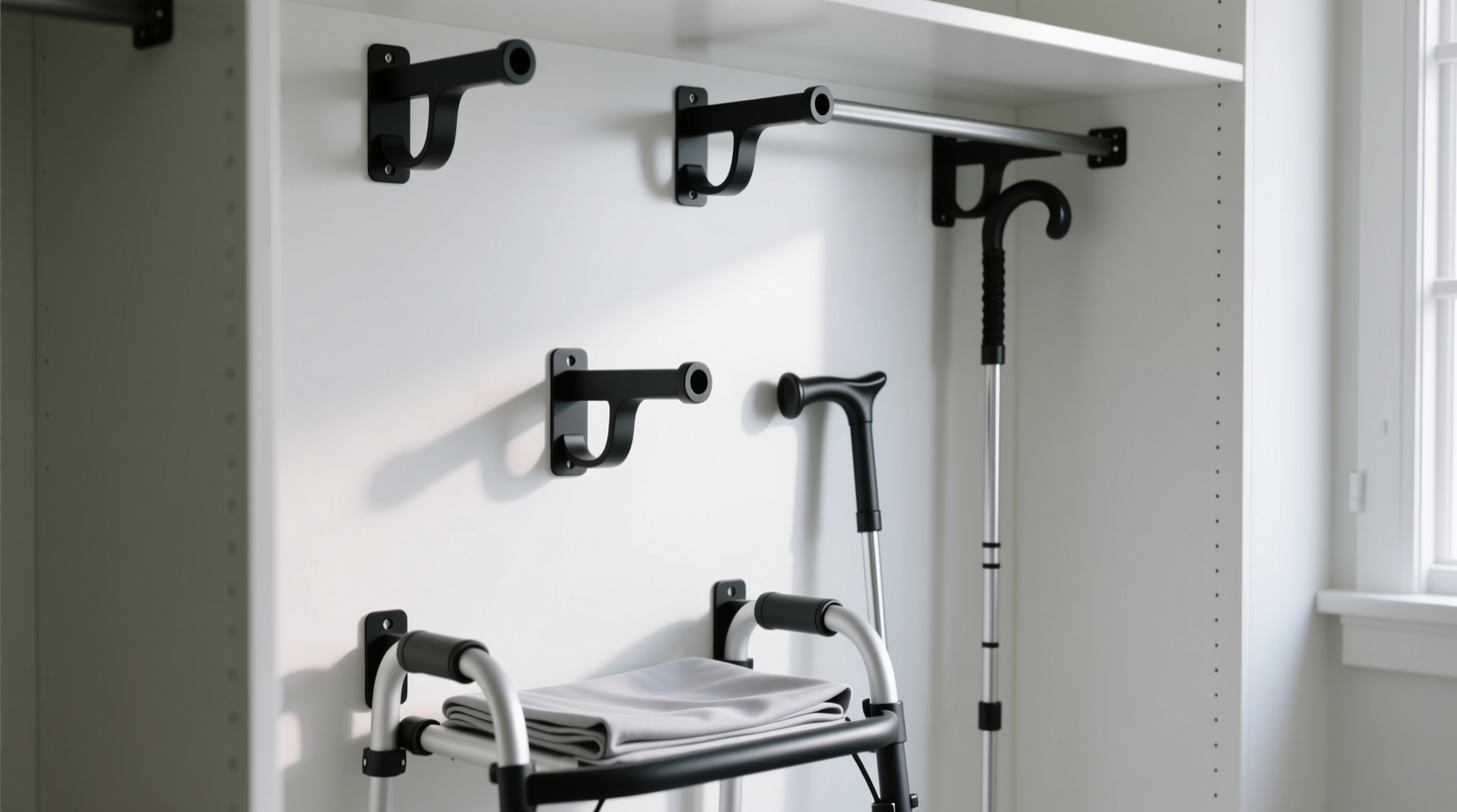 A minimalist, light-filled closet showing a wall-mounted rail holding two folded walkers, soft-close hooks for crutches, a low-profile slide-out tray with labeled fabric bins, and motion-activated under-shelf lighting—all within a cohesive neutral palette of warm wood tones and matte black hardware