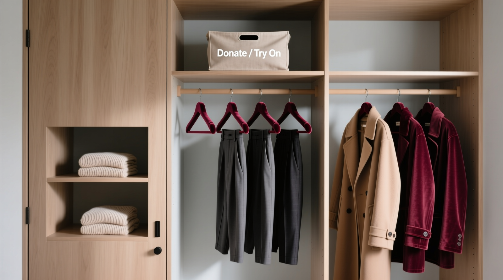 A minimalist closet with uniform velvet hangers, a shallow open-front fabric bin labeled 'Donate / Try On' mounted on the door, and clearly defined zones: knits on left, trousers centered, outerwear right—all within easy reach and full visibility