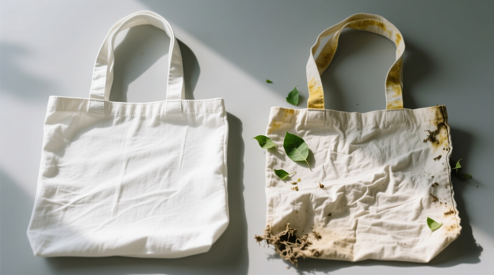 Side-by-side comparison: a freshly washed cotton tote next to a wrinkled, slightly discolored tote with visible green leaf residue trapped in seams