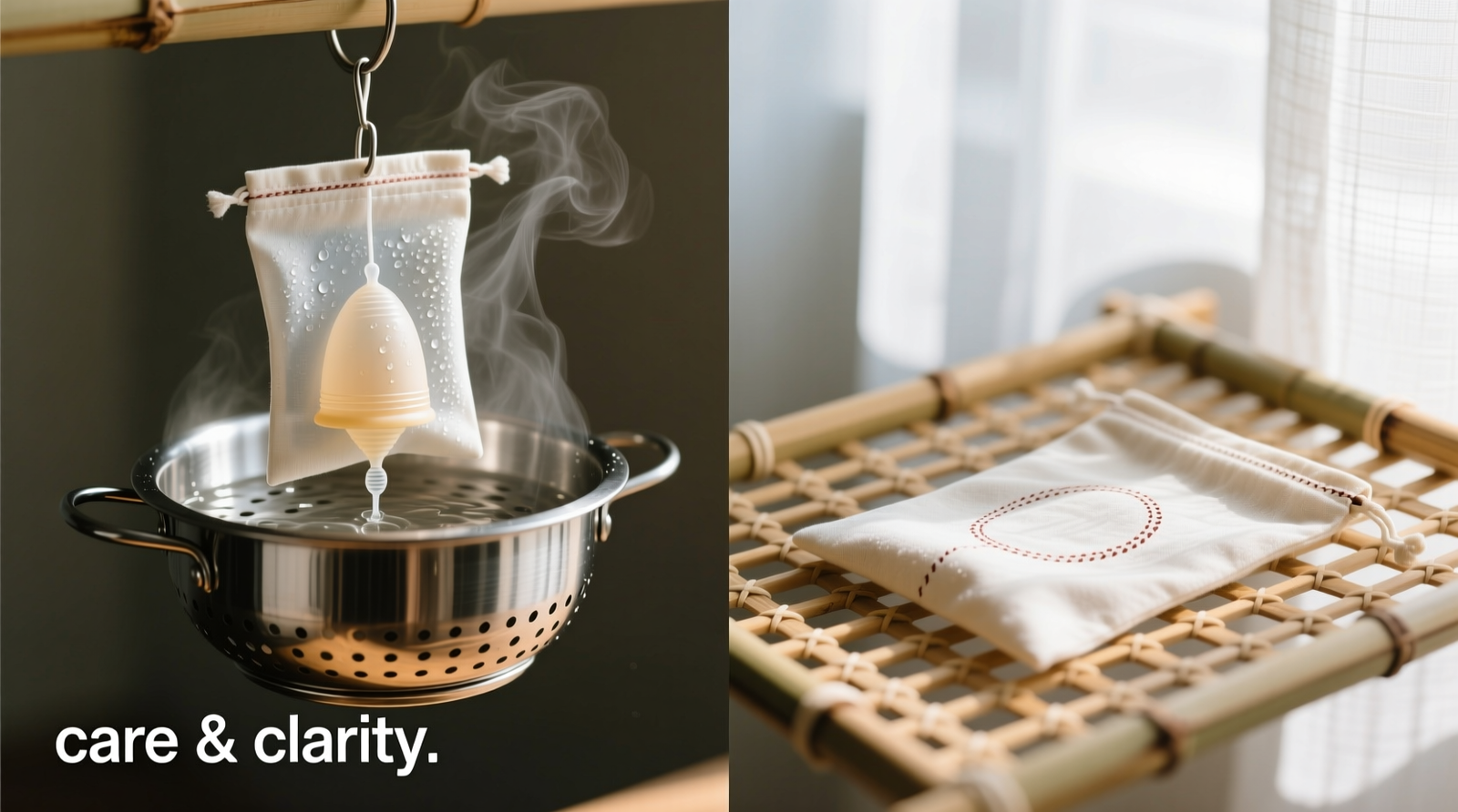 Side-by-side visual: left shows a clean, slightly damp menstrual cup pouch draped over a stainless steel steamer basket above simmering water; right shows the same pouch laid flat on a bamboo drying rack beneath a sheer curtain, receiving bright but diffused daylight.