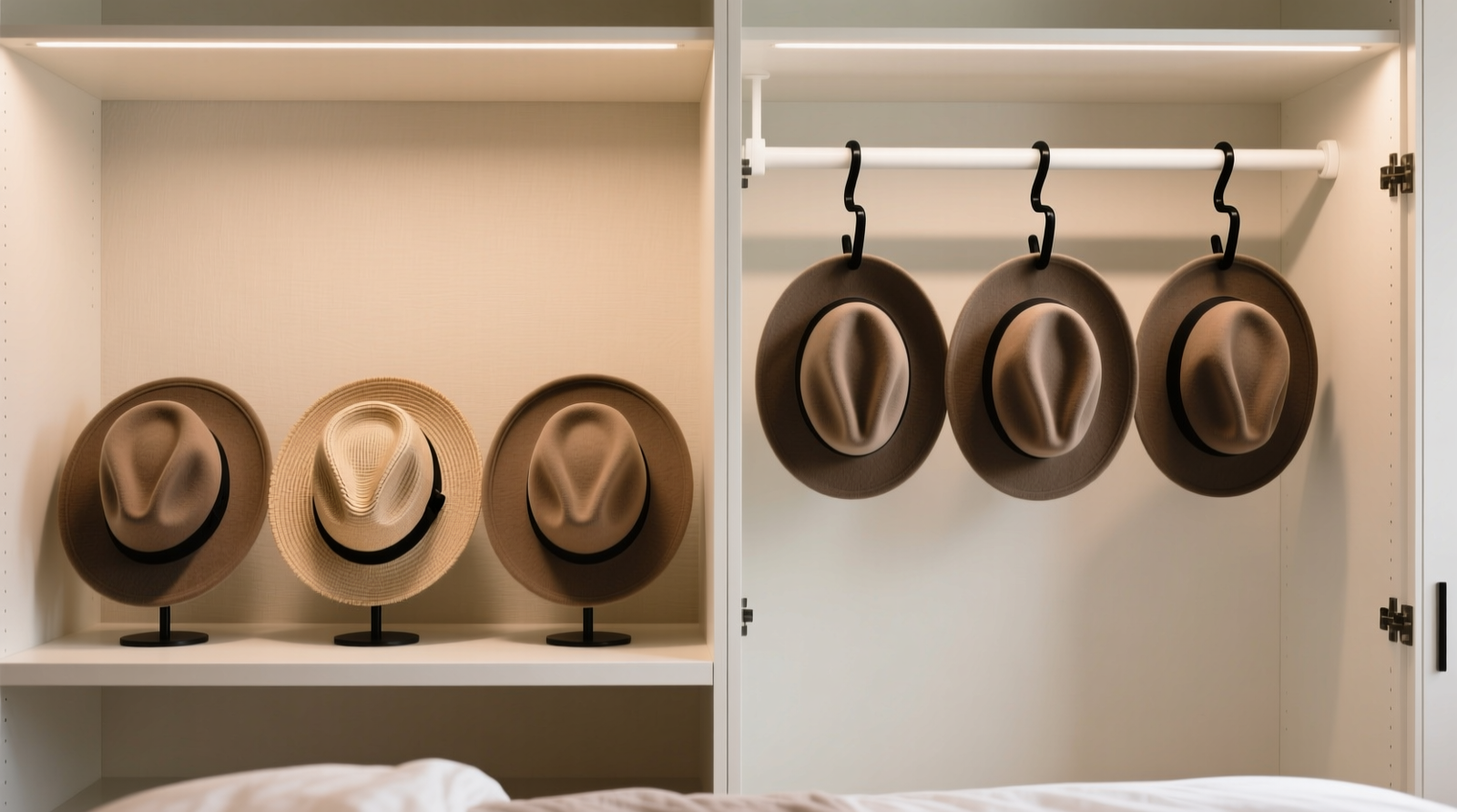 Two side-by-side closet setups: left shows three wool fedoras upright with visible foam forms inside crowns on a shallow shelf; right shows identical hats suspended upside-down from a white tension rod mounted inside a standard closet door, each secured with black padded S-hooks