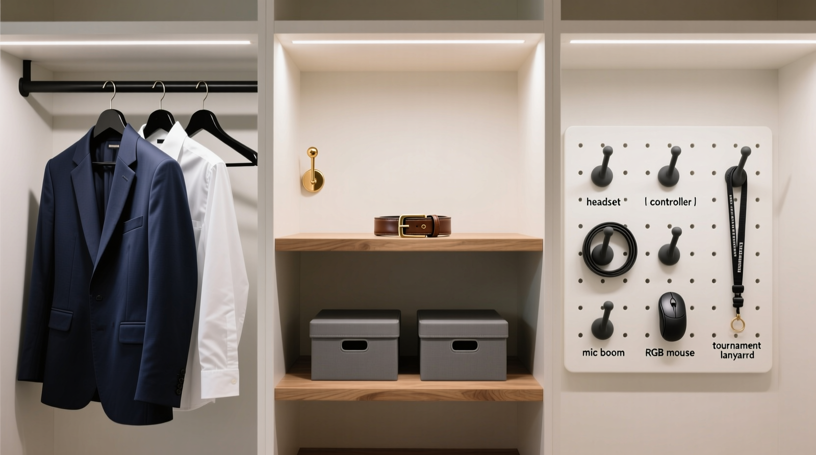 A minimalist walk-in closet with left section showing crisp navy blazer and white shirt on uniform black hangers, center section with shallow oak shelf holding two identical matte-gray boxes and a single leather belt looped on a brass hook, right section featuring a white pegboard with six labeled silicone-grip hooks holding a headset, controller, wristband, mic boom, RGB mouse, and tournament lanyard—all arranged with consistent spacing and zero overlapping wires.