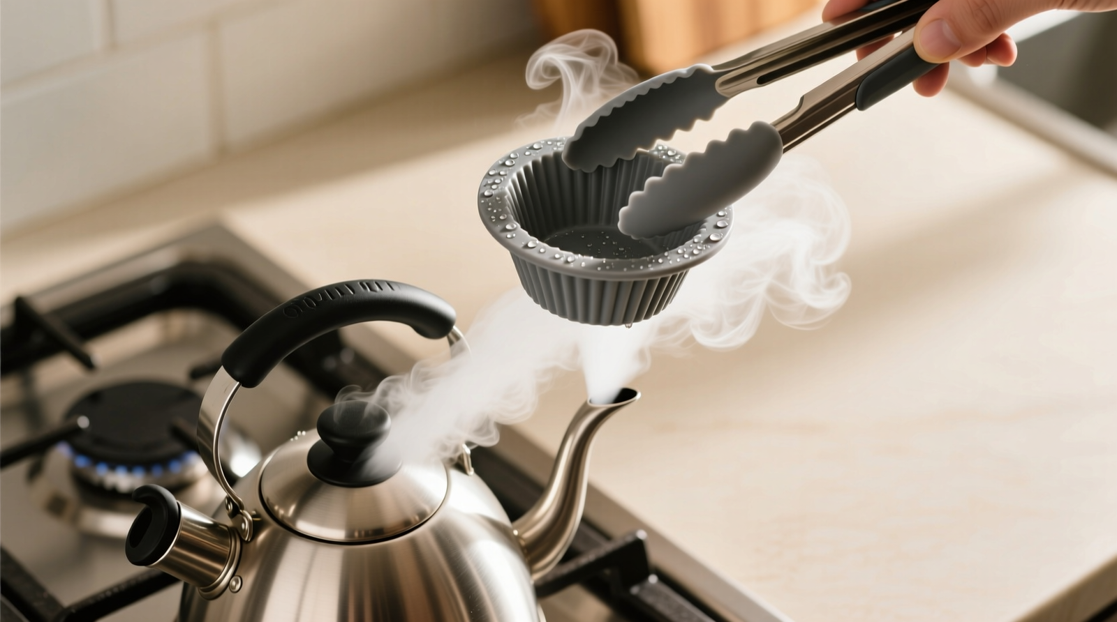 Overhead photo of a stainless steel stovetop kettle emitting steady white steam, with a flexible gray silicone muffin mold held just above the spout using silicone-tipped tongs; condensation glistens on the mold’s surface.