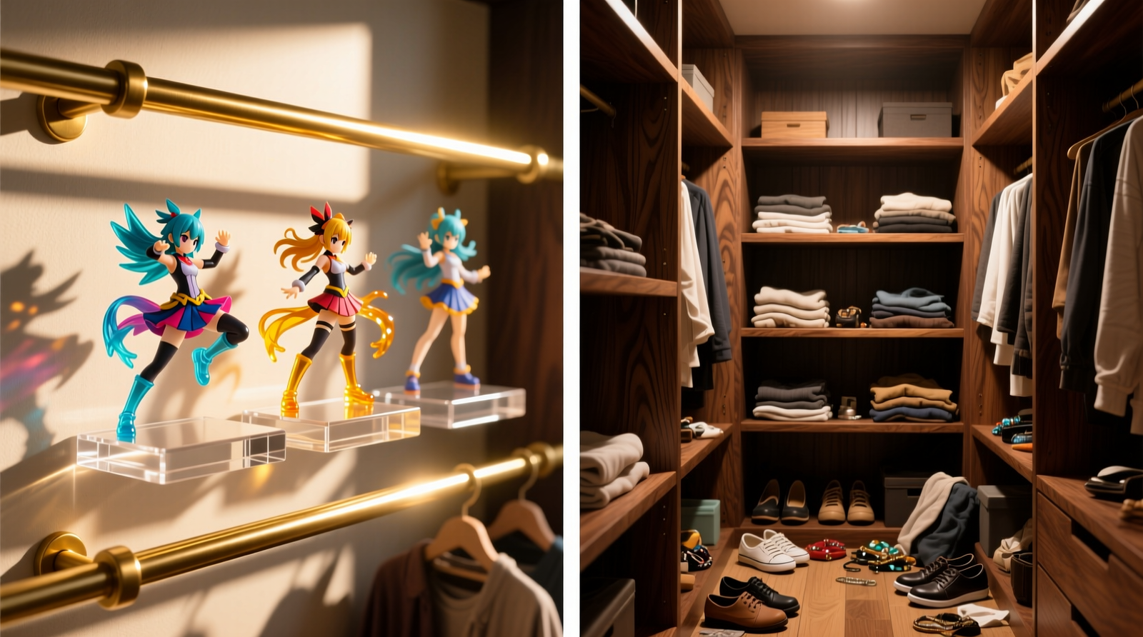 Side-by-side comparison: left shows acrylic anime figure risers mounted on a closet rod with sunlight streaming through gaps; right shows deep-tiered wooden shelves casting overlapping shadows across a cluttered closet floor