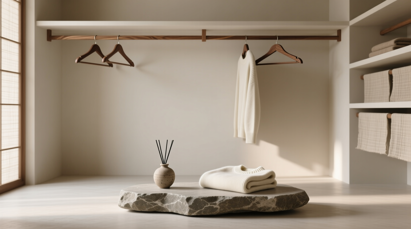 A minimalist walk-in closet with matte walnut hangers, unbleached linen shelf liners, a small ceramic diffuser on a stone plinth, and a single folded cashmere sweater resting on a smooth river rock