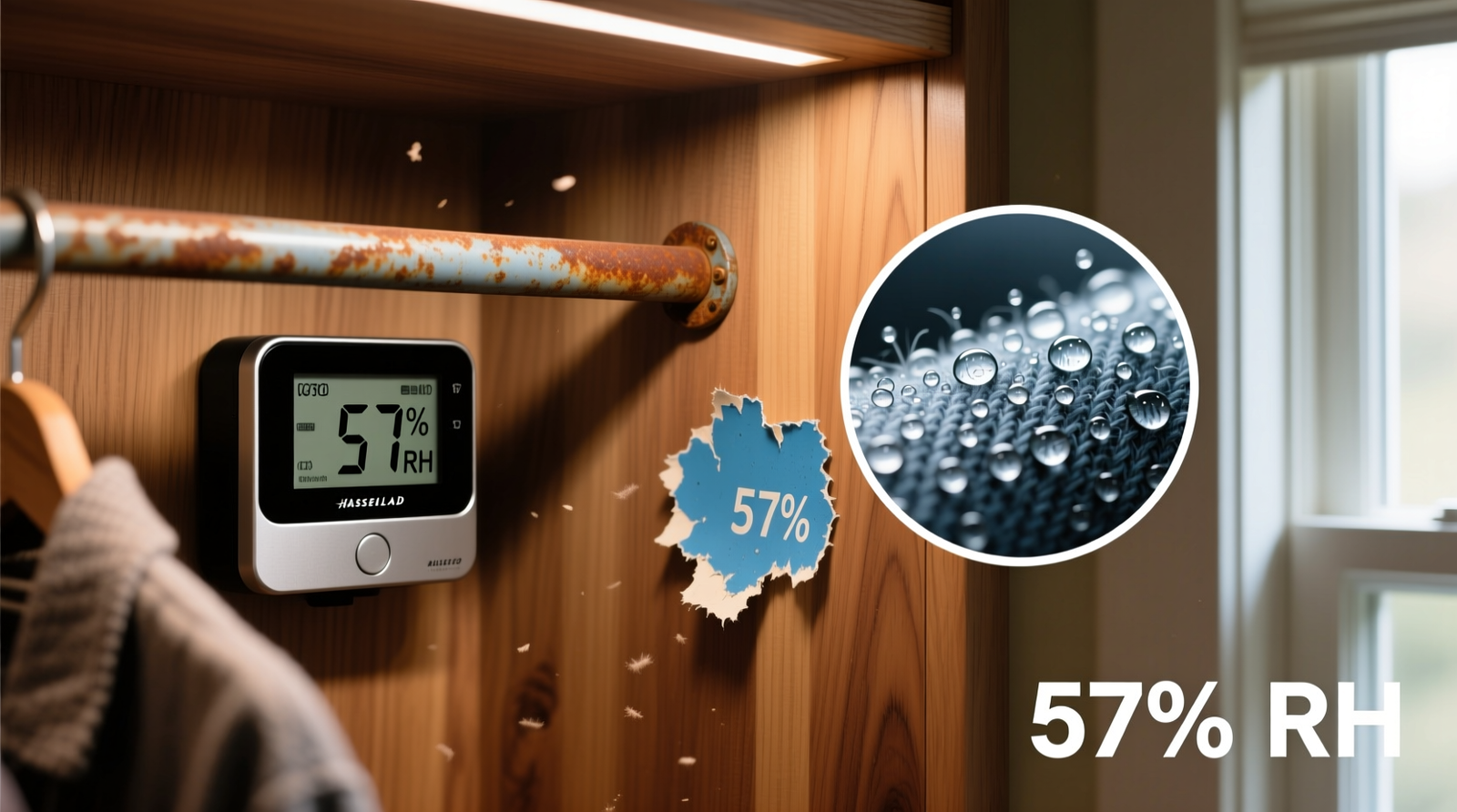 Side-by-side comparison: a sleek digital hygrometer mounted low inside a cedar-lined closet versus a faded blue hygrometer sticker peeling off a garment rod, with a magnified inset showing micro-condensation on wool fabric at 57% RH