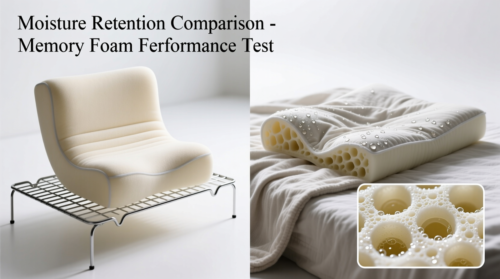 Side-by-side comparison: correctly dried memory foam cushion standing upright on a ventilated wire rack versus a damp cushion flattened under a blanket, with inset magnified view showing porous foam structure retaining moisture