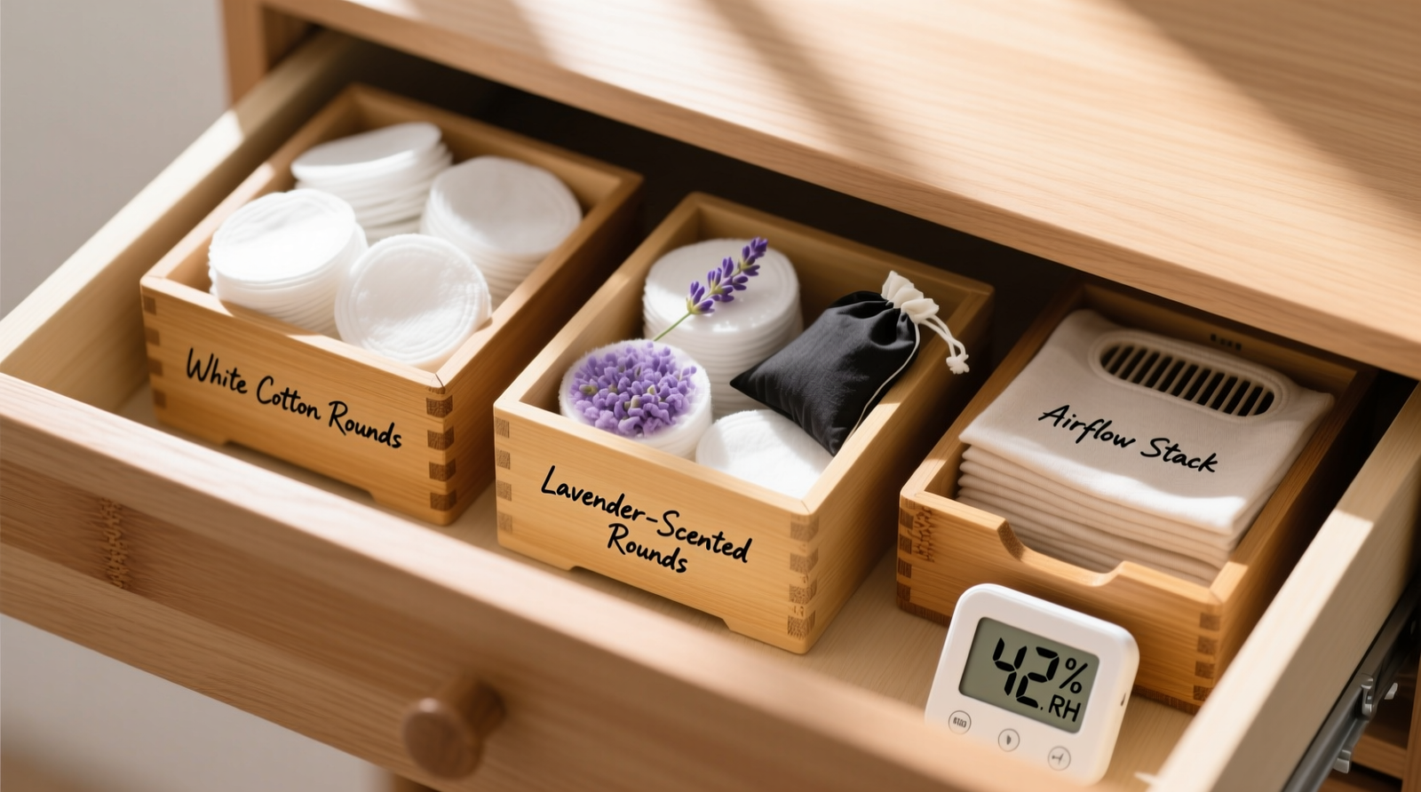Top-down photo of three shallow, labeled bamboo storage boxes arranged in a light oak drawer: one holds freshly dried white cotton rounds, another contains lavender-scented rounds (with visible charcoal sachet beside it), and the third shows partial stack with airflow gap visible between layers. A small digital hygrometer reads 42% RH.