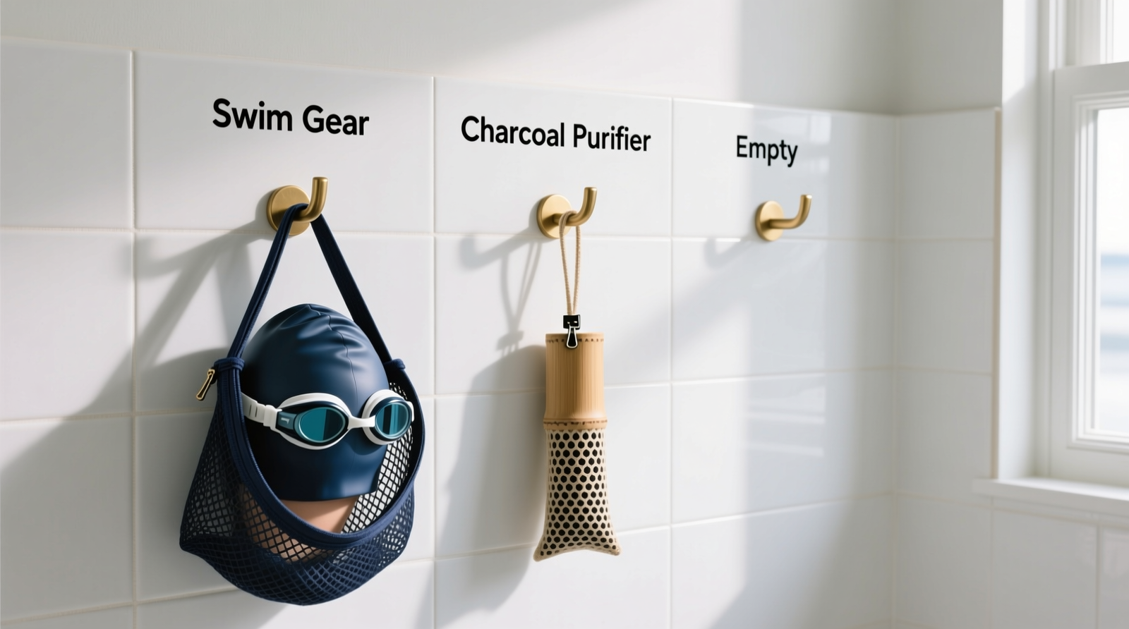 A minimalist bathroom wall with three labeled hooks: one holding a navy mesh bag with visible swim cap and goggles, another with a bamboo charcoal pouch clipped inside, and a third empty—demonstrating spatial separation and breathability